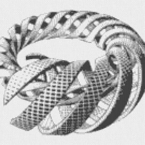 May include: A circular brooch featuring a complex, layered design of intertwined ribbons. The surface of the ribbons displays a mix of smooth, solid sections and textured, cross-hatched grid patterns in shades of black, white, and gray.