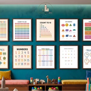 May include: A collection of ten educational wall posters featuring colorful charts for counting to 100, numbers 1 to 20, 3D shapes, time units, times tables, Roman numerals, and telling time, all displayed in dark brown frames on a teal wall.