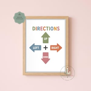 May include: A framed wall art print featuring the word DIRECTIONS in multicolored letters above four directional arrows. The green arrow points up with the word UP, the blue arrow points left with LEFT, the orange arrow points right with RIGHT, and the pink arrow points down with DOWN.