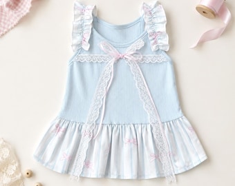 Small Dog Dress, Pastel Blue Puppy Outfit, Floral Ruffle Pet Clothes, Spring Summer Dog Apparel, Girl Dog Birthday Costume, Pet Photo Outfit