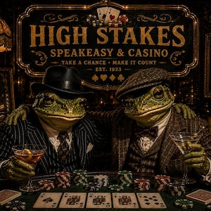 Può includere: Due rane antropomorfe in abiti e cappelli vintage siedono a un tavolo da casinò con fiches e carte. Un'insegna recita HIGH STAKES SPEAKEASY & CASINO, TAKE A CHANCE, MAKE IT COUNT, EST. 1923. Le rane tengono in mano dei cocktail in una stanza buia.