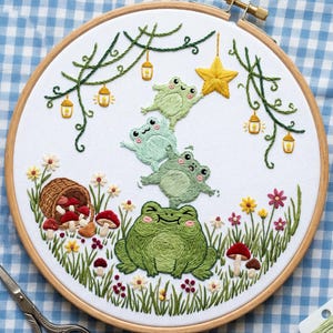 Kit de inicio de bordado Four Frogs Stack Star para principiantes, punto de aguja, bricolaje, noche en el bosque, bordado a mano, regalo