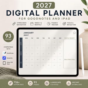 Digitale planner voor 2027 voor GoodNotes en iPad | Productiviteitsplanner met hyperlinks voor wekelijks en maandelijks gebruik