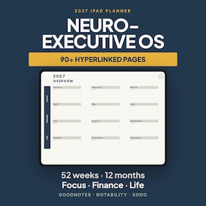 Puede incluir: Un planificador para iPad 2027 titulado Neuro-Executive OS con más de 90 páginas con hipervínculos. La interfaz digital muestra una vista general de 2027 con secciones mensuales de enero a diciembre, categorizadas por enfoque, finanzas y vida.