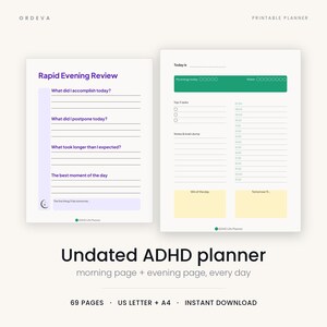 Agenda imprimable pour TDAH, agenda quotidien et hebdomadaire non daté pour adultes, pages de concentration et de débriefing à faible stimulation, formats A4 et Lettre. Format A4 et Lettre.