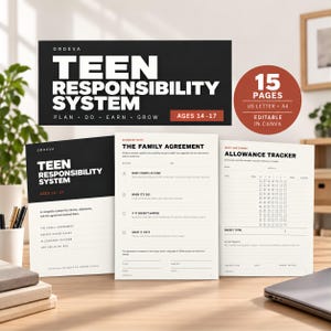 May include: A teen responsibility system printable set featuring 15 pages in US letter and A4 sizes. The documents include a family agreement, allowance tracker, and chore chart with black and white text on a cream background, editable in Canva.