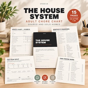 Può includere: Un sistema di tabella delle faccende domestiche per adulti di 15 pagine intitolato The House System, con modelli in bianco e nero per attività settimanali, mensili e stagionali, una banca delle faccende e un calcolatore per la ripartizione equa.