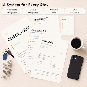 May include: A set of five editable rental property templates including Check-Out, Emergency, House Rules, Welcome, and Wi-Fi information sheets. The documents feature black text on white paper, available in A4 size, alongside a key and smartphone.