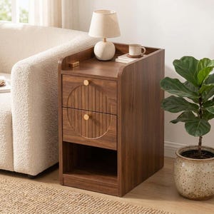 Narrow Nightstand Set of 2, Mid Century Modern Walnut Bedside Tables, 2 Drawer Slim Side Tables for Small Bedroom, Raised Edge Top