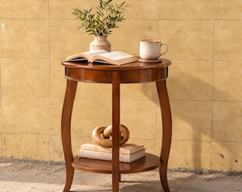Brown Round Side Table, Wooden End Table with Lower Shelf, Classic Accent Furniture for Living Room or Bedroom