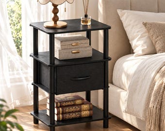 Wood Nightstand with Drawer | 4 Tier Side Table | Farmhouse Bedside Table | Rustic End Table with Storage Shelves | Easy Assembly