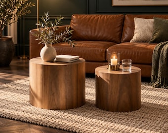 May include: Two cylindrical wooden side tables with a smooth, natural grain finish. The taller table holds a beige ceramic vase with green foliage and a small book. The shorter table features a glass candle holder with a white candle and a glass of water.