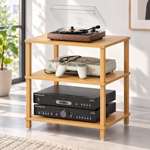 May include: A three-tier light wood media stand featuring a dark wood grain record player on the top shelf, a gray gaming console with a white controller on the middle shelf, and two black Cambridge Audio electronic units on the bottom shelf.