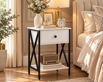 Modern Nightstand with Fabric Drawer | Space-Saving Bedside Table | Stylish End Table for Bedroom | Small Apartment & Living Room Furniture