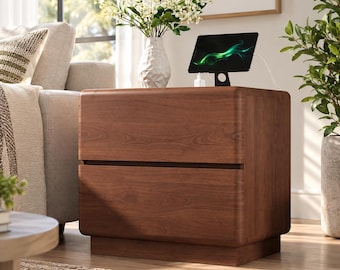 Modern Curved Nightstand with Charging Station | 2 Drawer Wood Bedside Table USB Outlet | Rounded Edge Bedroom Furniture