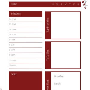 Peut inclure: Un modèle de planificateur quotidien avec des accents rouge foncé et des motifs floraux. La mise en page comprend des sections pour la date, un emploi du temps de 6h à 16h, les priorités, une liste de tâches, des notes et un plan de repas.