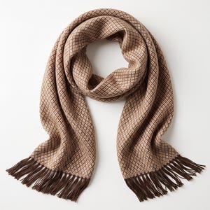 Puede incluir: Una bufanda rectangular larga con un patrón geométrico repetitivo de rombos en tonos beige claro y marrón oscuro. La bufanda está rematada con flecos de color marrón oscuro en ambos extremos cortos, creando una apariencia texturizada.