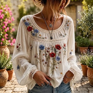 May include: A long-sleeved, off-white blouse featuring a scoop neckline and intricate floral embroidery in shades of red, blue, and yellow. The garment includes delicate lace trim along the neckline and cuffs, with a loose, flowing silhouette.