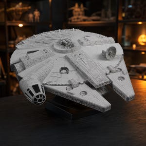 May include: A light grey plastic model of the Millennium Falcon starship featuring a circular hull, a side-mounted cockpit, a top-mounted quad laser cannon, and a circular sensor dish. The model displays intricate surface panelling and mechanical details.