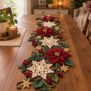May include: A long, crocheted table runner featuring a festive holiday design with deep red poinsettia flowers, cream-colored snowflakes, dark green leaves, and clusters of small red berries arranged in a continuous, intricate pattern.