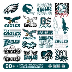 Puede incluir: Una colección digital de diseños gráficos con temática de los Philadelphia Eagles que incluye varias ilustraciones de águilas, balones de fútbol americano, cascos y tipografía con frases como Eagles, Fly Eagles Fly y Sundays Are For The Birds en verde azulado, negro y blanco.