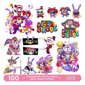 Op de afbeelding: Een digitaal ontwerppakket met kleurrijke stripfiguren uit The Amazing Digital Circus, inclusief diverse poses van een nar, een konijn en een figuur met een tandhoofd, met het logo en de tekst 100 The Amazing Digital Circus Mega Design Bundle.