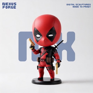 May include: A chibi-style Deadpool figurine in a red and black suit with a utility belt, holding two gold-colored pistols. The figure stands on a circular black base. Text in the corners reads Nexus Forge and Digital Sculptures Made To Print.