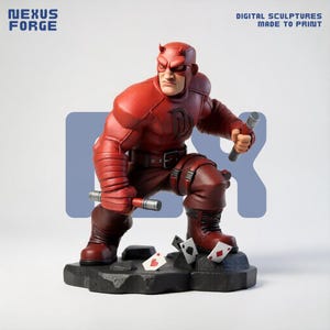 May include: A red Daredevil figurine with a horned mask, holding two silver batons. The character wears a textured suit with a belt and boots, standing on a dark base scattered with playing cards. Text reads Nexus Forge Digital Sculptures.