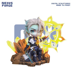 May include: A chibi-style figurine of a character with white hair, wearing a white and dark blue outfit, kneeling on a rocky base. The figure holds a glowing yellow circular energy shield and a sword. Text reads NEXUS FORGE DIGITAL SCULPTURES MADE TO PRINT.