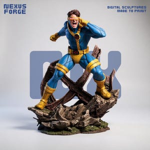 May include: A detailed figurine of a superhero in a blue and yellow suit with a red visor, standing on a rocky, debris-filled base. The figure has one hand to their head and an open mouth. Text reads Nexus Forge Digital Sculptures Made To Print.