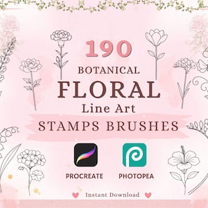 May include: A digital collection of 190 botanical floral line art stamps and brushes featuring various flower illustrations. The text reads 190 BOTANICAL FLORAL LINE ART STAMPS BRUSHES, PROCREATE, PHOTOPEA, and Instant Download on a light pink background.