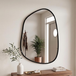 May include: A wall-mounted mirror with an irregular, organic, pebble-shaped frame in matte black. The reflective surface shows a room interior with a potted plant, a coat rack with a scarf, and a door with a circular window, all framed by the black border.