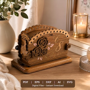 May include: A dark brown wooden box with a scalloped top edge, featuring laser-cut rose motifs and the Cyrillic text 8 Mapta. The box sits on a rectangular wooden base and includes small pink accents. The text PDF, EPS, DXF, AI, SVG is visible.