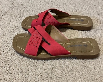 VTG Y2K Cherokee Women's Cross-Strap Red Faux-Suede Slide Sandals Sz 8 *NWOT*