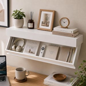May include: A white wall-mounted shelf with two levels. The top surface holds a potted plant, a glass diffuser, a wooden picture frame, a round clock, and two books titled Live Beautifully and The Kinfolk. The lower level holds headphones, a book titled Cereal, a remote, a spiral notebook, and a journal.