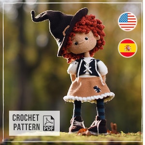Amigurumi cute Halloween Little Witch with black cat. PDF English and Spanish crochet pattern