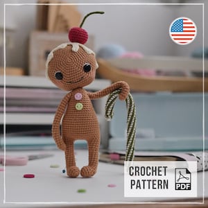 Häkelanleitung für einen Lebkuchen: Weihnachtliches Amigurumi-Lebkuchen mit Kirsche und Zuckerstange. Festliche Weihnachtsspielzeug-Anleitung (PDF).