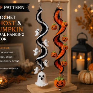 May include: Two crochet spiral hanging decorations, one black and white with small white ghosts and one orange and black with small orange pumpkins. The text reads PDF PATTERN CROCHET GHOST & PUMPKIN SPIRAL HANGING DECOR. The items hang from a wooden stand.
