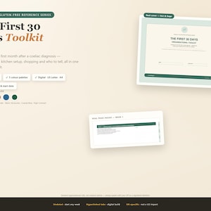 May include: A digital toolkit titled The First 30 Days Toolkit for coeliac and gluten-free reference. It includes 26 pages, 5 color palettes, and is available in US Letter and A4 sizes. The interface features editable fields and hyperlinked tabs.