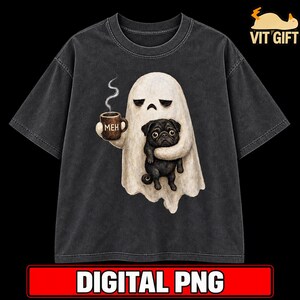 May include: A charcoal grey short-sleeve t-shirt featuring a graphic of a white ghost holding a brown mug with the text MEH printed on it. The ghost is also holding a black pug dog. The design is centred on the front of the garment.
