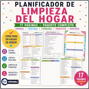 Puede incluir: Un paquete de 17 páginas imprimibles para la organización de la limpieza del hogar, que incluye listas de tareas semanales, limpieza profunda, limpieza de primavera, inventario de productos y tablas organizativas con encabezados en español.