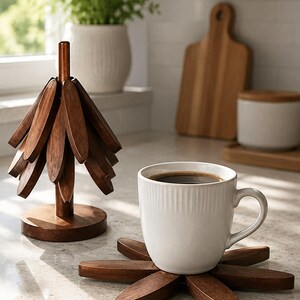 Set 4 sottopentola in legno ad albero, pieghevoli, resistenti al calore, decorazione cucina, stile rustico, regalo casa Natale