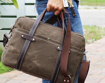 Waxed Canvas Briefcase bag - handmade by Alex M Lynch - 010279