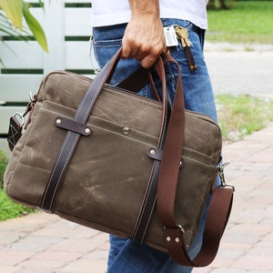 Waxed Canvas Briefcase bag - handmade by Alex M Lynch - 010279