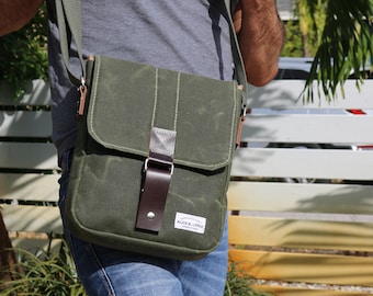 Vertical messenger travel bag - tablet bag - heavy waxed canvas cross body small bag -010312