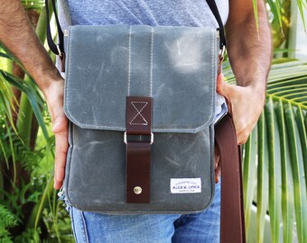 Vertical messenger travel bag - tablet bag - heavy waxed canvas cross body small bag -010312