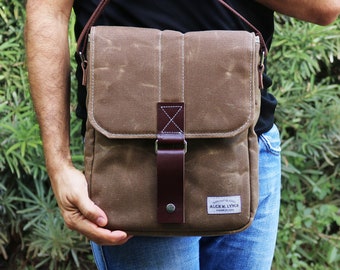Vertical messenger travel bag - tablet bag - heavy waxed canvas cross body small bag -010312