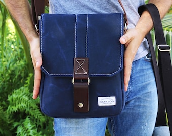 Vertical messenger travel bag - tablet bag - heavy waxed canvas cross body small bag -010312