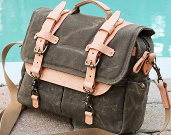 Waxed Canvas Briefcase Messenger bag - handmade by Alex M Lynch - 010196