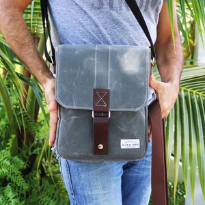 Vertical messenger travel bag - tablet bag - heavy waxed canvas cross body small bag -010312